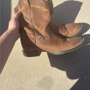 Justin Boots Tan Brown Leather Western Pull-On Boots with Yellow Stitching